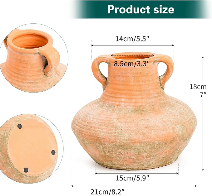 Sungmor Rustic Ceramic Flower Vase with Handles, 7 Inch Short Wide Body | Terracotta Plant Pots, Cement Textured Vases Home Decor, Indoor Fresh Flowers Planter, Dried Flower Arrangements