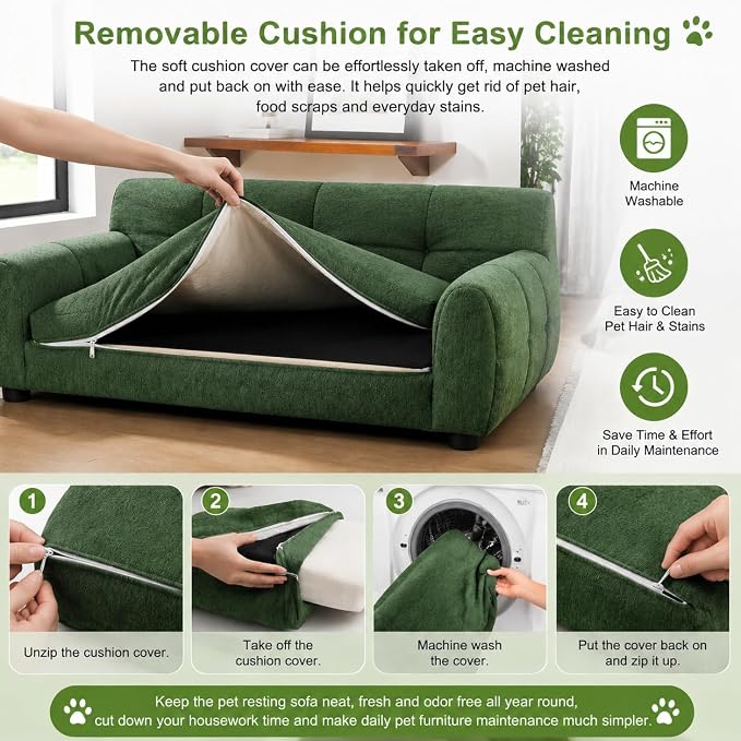 38"x22" DOD Sofa for Small & Medium Dogs | Removable Cushion Cover | Stable Low-Leg Frame | Breathable Linen Fabric | Armrest & Backrest | Easy to Clean |Olive Green
