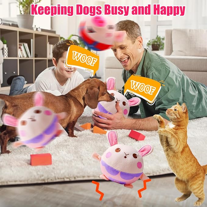 Interactive Plush Dog Toy - Bouncing Rolling Ball With Remote Control and Music, Self-Moving Pet Toy for Small/Medium/Large Bored Dogs (Rabbit)