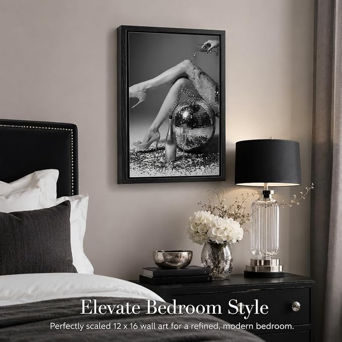 Framed Black and White Fashion Canvas Wall Art Trendy Women Disco Ball High Heels Wine Glass Picture Wall Decor Luxury Feminist Poster Print for Girl Bedroom Bar Cart Dorm Home Decoration 12x16in