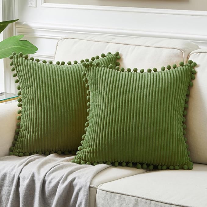 Fancy Homi Pack of 2 Moss Green Decorative Throw Pillow Covers with Pom-poms, Soft Corduroy Solid Square Cushion Cases Set for Couch Sofa Bedroom Car Living Room (18x18 Inch/45x45 cm, Moss Green)