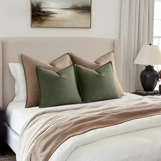 MIULEE Thick Textured Decorative Throw Pillow Covers 18x18 Inch Dark Green | Set of 2, Linen Blend Pillow Cover, Flange Edge Design, Farmhouse Modern Boho Style, Bed Couch Living Room Decor