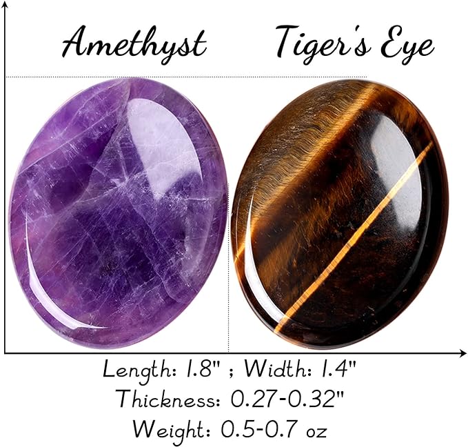 2PCS Worry Stone for Anxiety Tigers Eye Amethyst Healing Crystals Hand Thumb Stones Pocket Gemstones Meditation Accessories Oval Crystal Natural Relax Palm Stone Anxiety Relief Items Stocking Stuffers