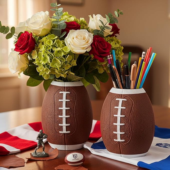 Qinyoung 2 Pcs Football Table Centerpiece Football Vases Decor Cute Rugby Flower Vases Planter Pot Rugby Utensil Holder Pencil Cup for Home Table Decor Sport Theme Party Supplies Gifts