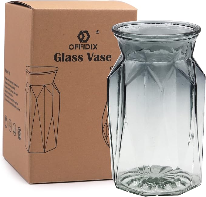 Glass Vase, Geometric Faceted Design Flower Vase for Weddings, Events, Decorating, Arrangements, Office, or Home Decor