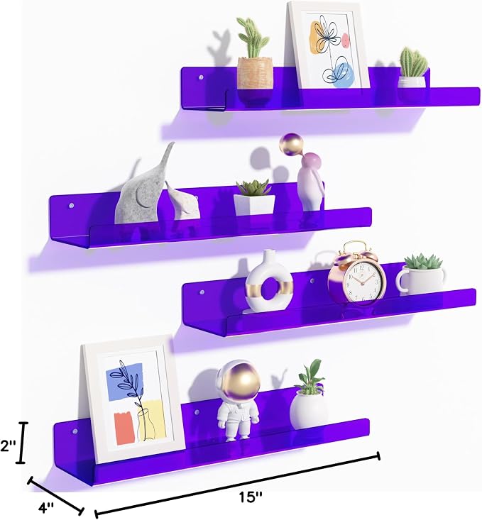 upsimples 4 Pcs 15" Acrylic Shelves for Wall Decor and Display, Purple | Cute Floating Shelf for Perfume, Skincare, Nail Polish, Wall Organizer for Bedroom, Living Room, Playroom, Room Décor