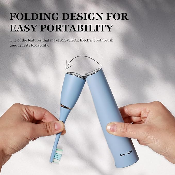 Movigor Foldable Electric Toothbrush for Adults – Dual UV Sanitization, 272 Sonic Modes, USB-C Rechargeable, 4 Brush Heads, Leather Travel Case, Portable Blue Toothbrush