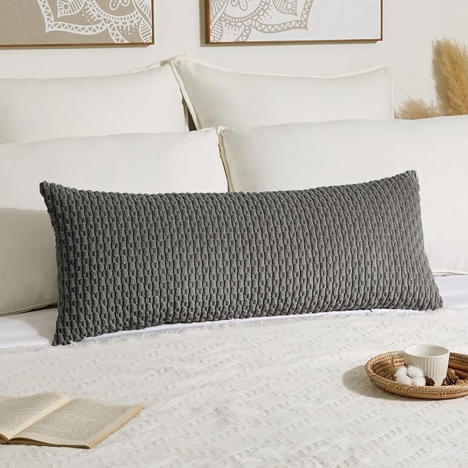 Kevin Textile Soft Corduroy 20"x54" Body Pillow Cover 1 Pack, Dark Grey | Boho Stripe Plush Corduroy Decorative Oblong Cushion Cover Modern Farmhouse Home Decor for Sofa Couch Bed Chair