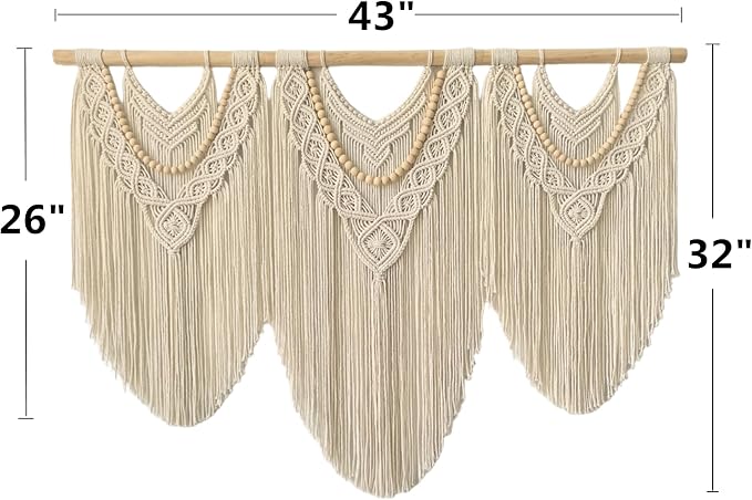 Large Macrame Wall Hanging, Boho Tapestry, 43"x32", Wood Bead Fringe | Handmade bohemian woven tapestry for bedroom, living room, apartment. Perfect Boho style wall decor art for weddings, parties