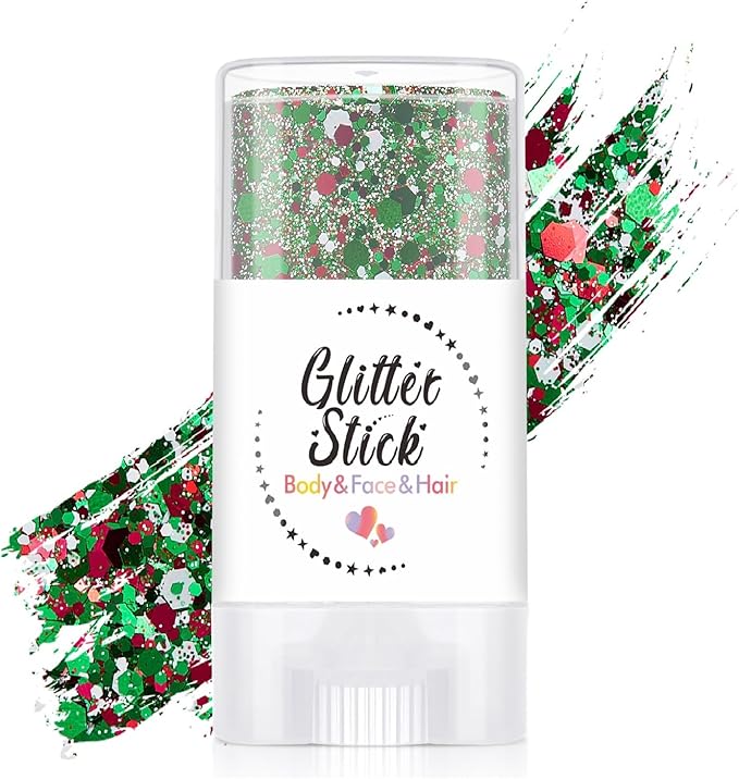 Body Glitter Stick, Neon Outfit Party Holographic Sparkling Sequins Face Paint Mardi Gras Accessories Hair Glitter Gel Makeup. (Red & Green & White)