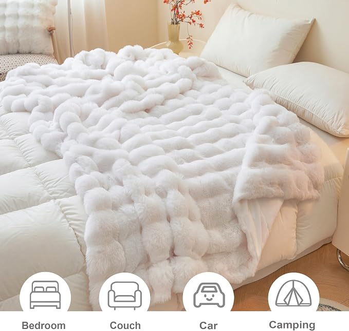 LIFEREVO Luxury Fluffy Faux Rabbit Fur Throw Blanket 60x80, White | Plush Fuzzy Bubble Lap Throw for Couch Sofa Office, Soft Cozy Furry Bed Blanket Home Decoration, Washable & Skin-friendly