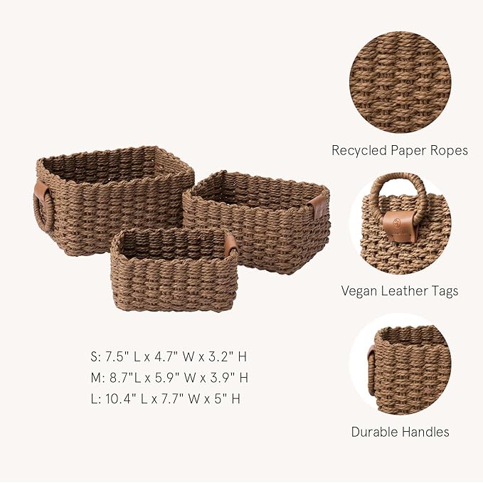 LA JOLIE MUSE Small Wicker Baskets for Organizing, Brown 3 Pack | Decorative Organizer with Vegan Leather Tag, Round Handle, Storage Baskets for Shelves, Bedroom, Kitchen, Office and Home