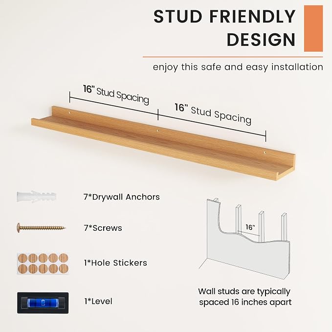 Picture Ledge Shelf, Floating Shelves for Wall, 40" W Set of 2, Oak | FSC Certified Engineered Wood, Wall Mounted Bookshelf, for Nursery Living Room Bedroom, Pre-Drilled, Easy Install