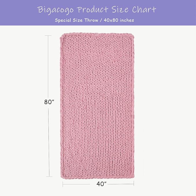 Bigacogo Chunky Knit Throw Blanket for Couch, 40x80 inches, Blush Pink | Hand Knit with Jumbo Chenille, Soft Breathable Cable Knit for Sofa Bed Living Room, Machine Washable, Gift for Mom Friend