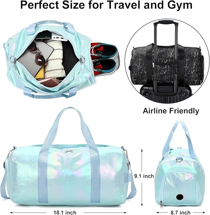Gym Bag Sports Duffle Bag with Wet Pocket Weekender Overnight Bag with Waterproof Shoe Compartment for Girls Kids Women Travel Dance Yoga Workout Bag (Green)