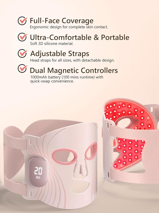 HALIDODO Red Light Therapy for Face, 4 Modes LED Face Mask Light Therapy, 2000mAh Cord-Free Controller with 400 LEDs, Blue, Orange, 850nm Near-Infrared Light Mask with Timer Function at Home (Pink)
