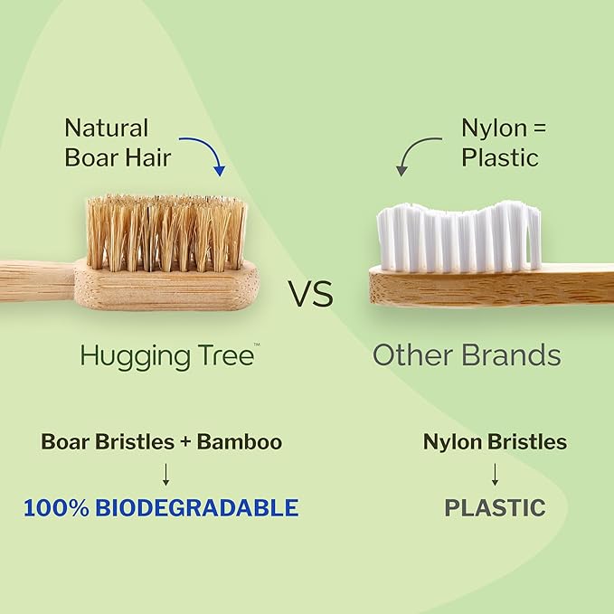 Hugging Tree Boar Bristle Bamboo Toothbrush, Made from Natural Boar Hair Bristles, Plastic-Free (Pack of 6)