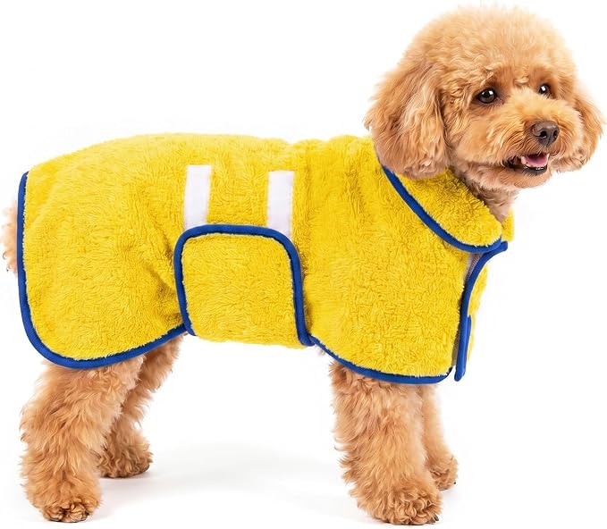 Bienbee Dog Bathrobe, Super Absorbent for Small to Large Dogs, Yellow S | Dog Robes with Soft Fleece, Warm & Cozy, Adjustable Fit, and Quick Drying Coat for Baths Swimming and Grooming