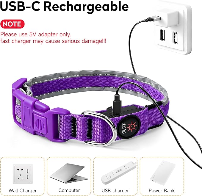 LED Dog Collar, Light Up Dog Collar,for Night Walking(Small,Purple) | Adjustable,Bright RGB 7 Colors Light Glowing Collar,Waterproof,Nylon,Soft,For Small and Medium Dogs,USB C to Charge
