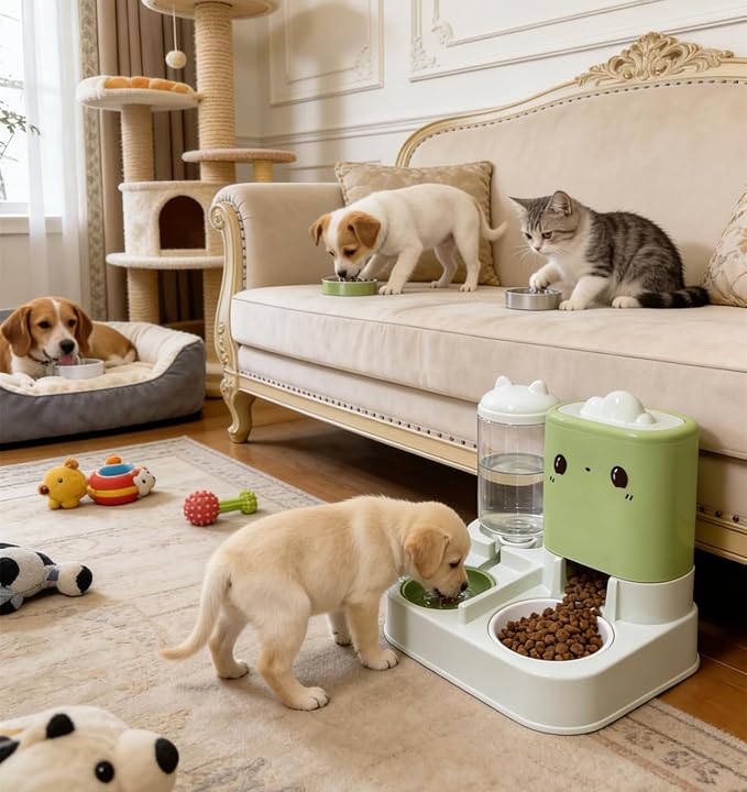 Pet Automatic Feeder Cat Dog Feeding Bowl Food Water Dispenser with Refillable Storage Container Large Capacity Rabbit Feeder Watering Bowls (Green)