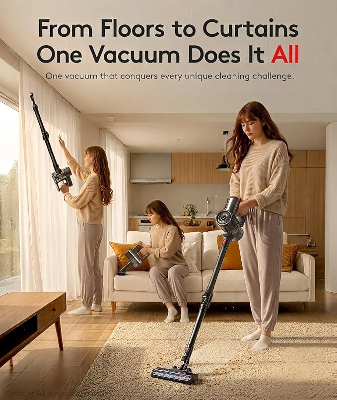 RONEAIR Cordless Vacuum Cleaner 40Kpa 45Min 6-in-1 Self-Standing | Bendable Wand Stick Vacuum,Anti-Tangle,1L,4 LED,Rechargeable for Pet Hair Carpet Hard Floors Dom Home Use ETL Certified