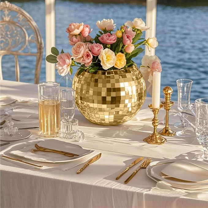 Disco Ball Vase Gold Mosaic Glass Mirror Ball Planter Disco Ball Planter for Centerpieces Disco Ball Decor Flower Vase with Silver Mirror Glass for Wedding Party Birthday, Disco Decor (5" X 6")