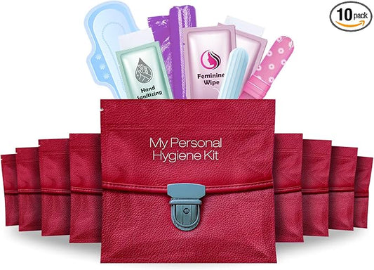 Red Purse Style Menstrual Kit All-in-One 10 Pack | Convenience on The Go | Period Kit Pack for Travelling, Tweens & Teenagers or just When You’re Out | Individually Wrapped Feminine Hygiene Product