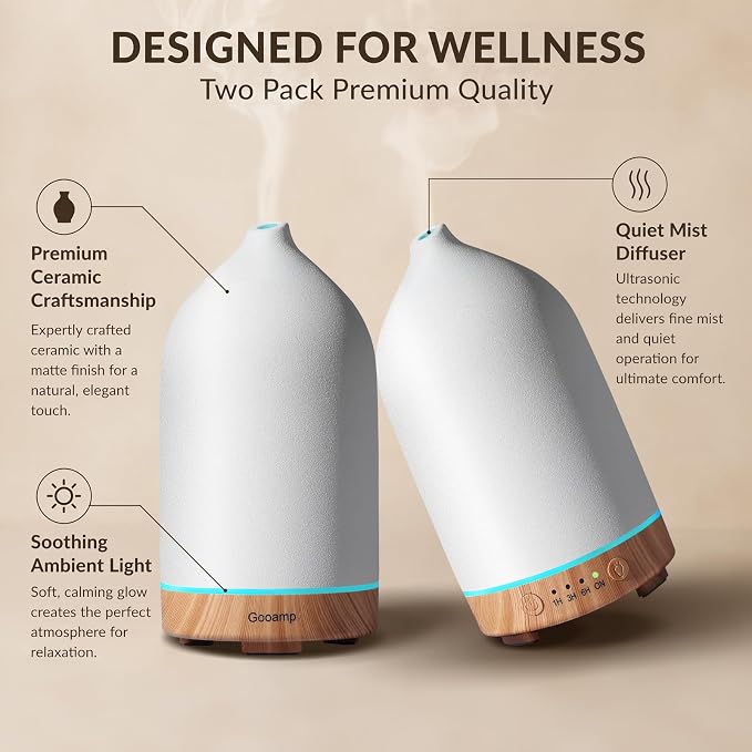 Gooamp 200ML Ceramic Essential Oil Diffuser (Set of 2) - Ultrasonic Aromatherapy & Humidifier with 7-Color LED Lights, Auto Shut-Off, Wood Grain Base, 1H/3H/6H Timer | Scent for Home, Office, Yoga