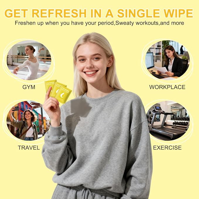 twoworld 50 Feminine Wipes Flushable Travel Individually Wrapped | Travel Wipes for Women,Feminine Care Wet Wipes Travel Size Vaginal Wipes for Adult,Girl and Homeless(Lemon)