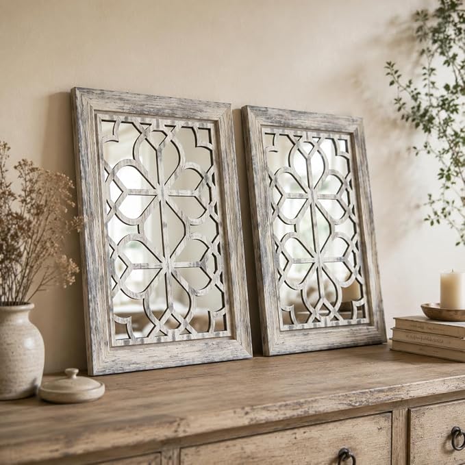 Set of 2 11x15 Inch Rectangular Shatterproof Grey Decorative Wall Mirrors, Boho Farmhouse Rustic Vintage Accent Mirrors for Living Room Bedroom Entryway & Home Decor