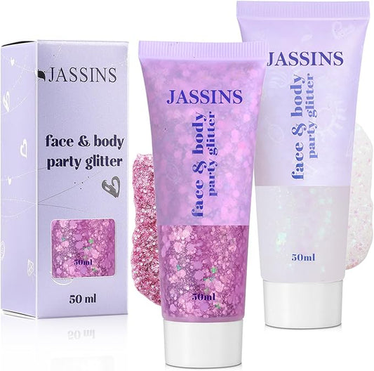 JASSINS 2PCS Body Glitter, 100ml Pink and White Face Glitter for Women Girls Kids, Glitter Gel Makeup Tween Gifts, Singer Concerts Festival Rave Accessories, Chunky Mermaid Sequins Glitter