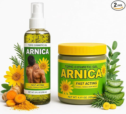 (Combo) Arnica Cream Sore Muscle Massage Gel Pomado + Arnica Body Oil Aceite – Natural Concentrated Body Gel for Muscles, Joints & Massage Therapy – Fast-Absorbing –
