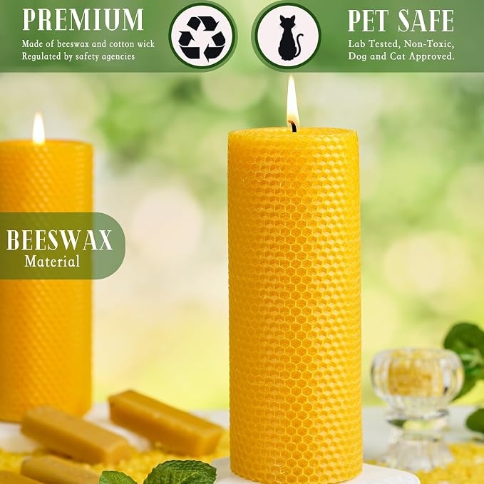 2 Pack Large Beeswax Pillar Candles, 2.8x8 Inch Natural Hand-roll Honeycomb Beeswax Candles, 100-Hour Slow Burn, Dripless & Air Purifying for Extended Serenity, Decor & Gifts