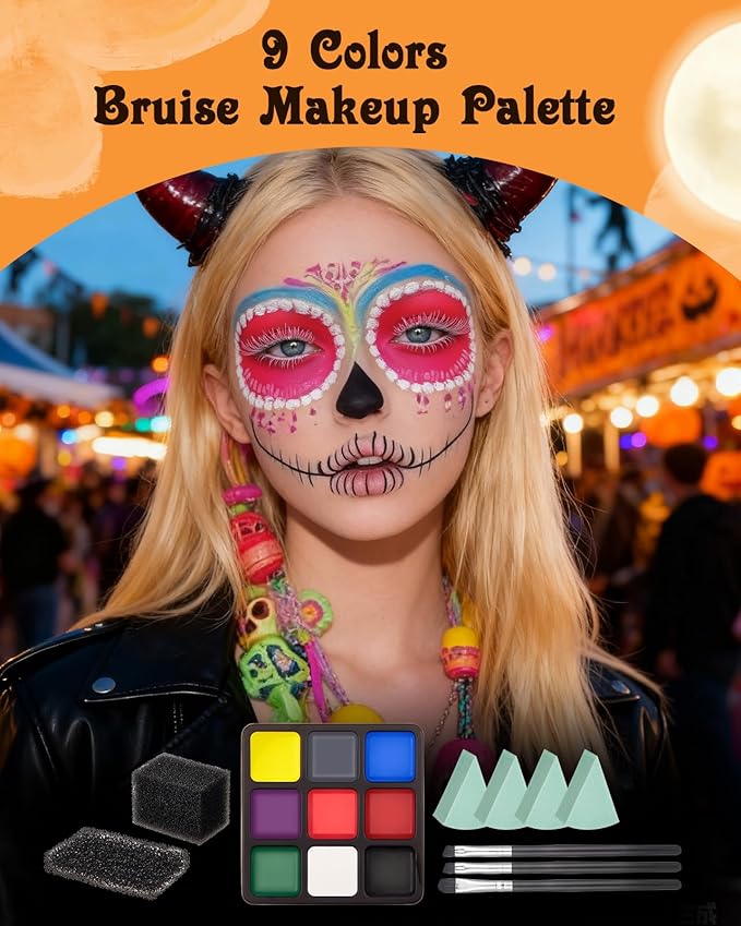 Lictin Special Effects SFX Zombie Makeup Kit, 9 Colors Bruise Face Body Painting Palette with Scar Wax, Fake Blood Spray & Gel, Vampire Skeleton Clown Makeup Body Paint (14PCS)
