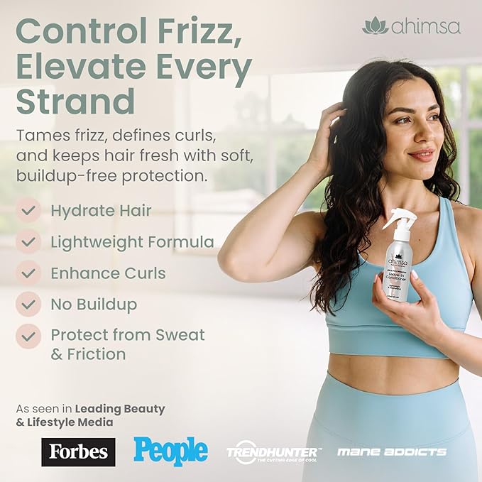 Ahimsa Pre & Post Workout Leave-In Conditioner, Lightweight Hydrating Leave In Conditioner for Curly, Wavy & All Hair Types, Anti-Frizz Heat Protectant, Water-Based with Coconut Oil & Jasmine (4oz)
