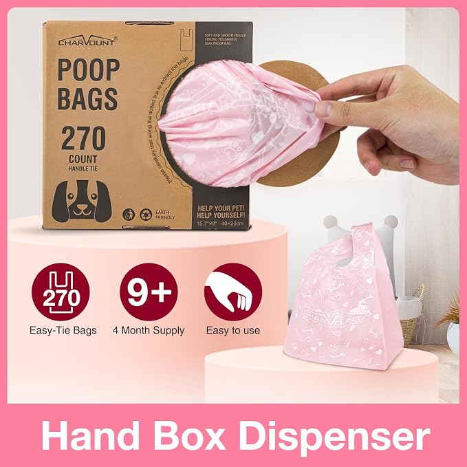 Charmount 270 Counts Unscented Dog Poop Bags Rolls with Handles | 16"x8"Extra Thick Pet Waste Bag, Leak Proof and Easy Tie, Cat Litter Bags, Pink