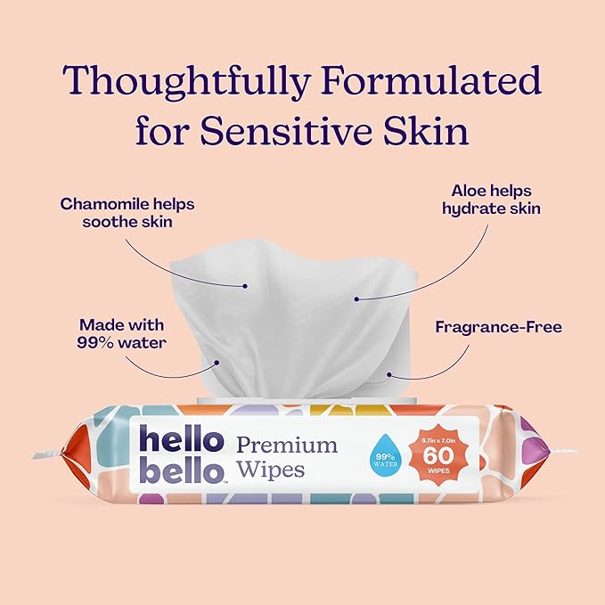 Hello Bello Premium Wipes, Designed for Sensitive Skin with Chamomile & Aloe Extracts, Flower Pop (18 Resealable Packets = 1080 Total Wipes)