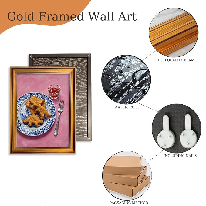 Vintage Whimsical Gold Framed Canvas Wall Art Funny Pop Food Wall Decor Art | Dino Chicken Nuggets Pictures Blue White Delft Canvas Art Pink Dopamine Small Framed Prints Artwork Shelf Bar Dining Gallery
