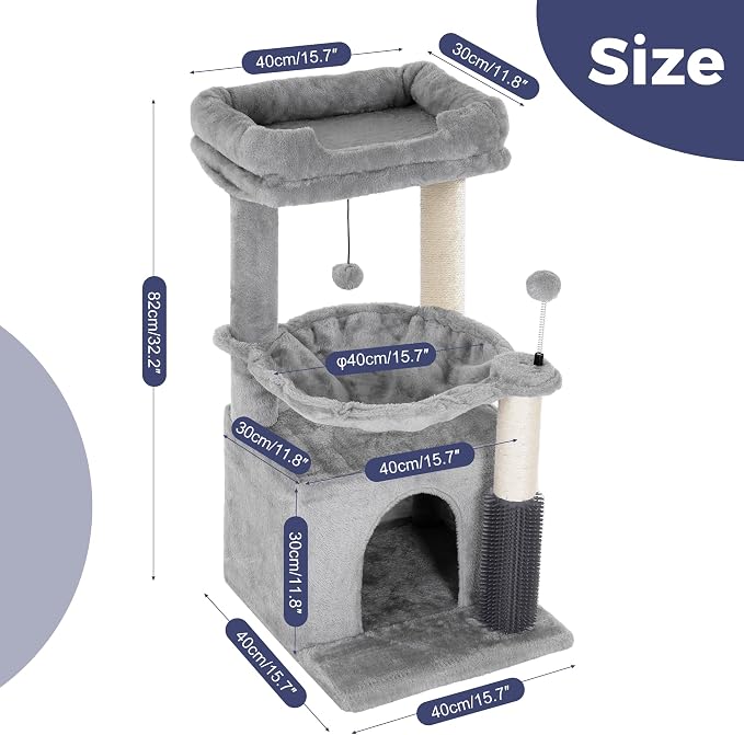 Cat Tree 32” Small Cat Tower with Large Hammock 16”& Self Groomer | Compact Cat Tree with Hammock 16” Dia, Removable Bed, Scratching Post & Self Groomer Small Cat Tree for Indoor & Adult Cats