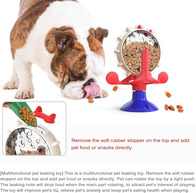 Interactive Cat Slow Feeder, Rotating Durable Dog Puzzle Toy, Mental Stimulation Treat Dispenser with Powerful Suction Cups for Cats and Dogs (Red Blue)