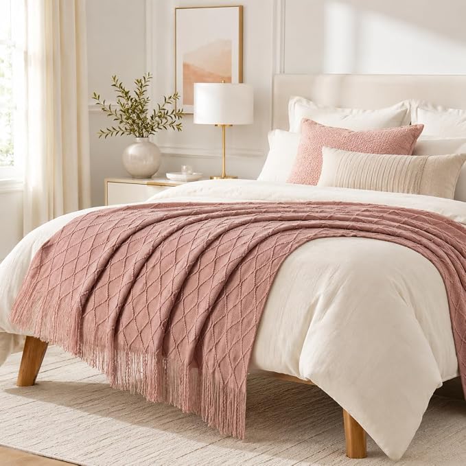 BATTILO HOME Blush Throw Blanket with Tassels, Pink Knit Blanket for Home Decor, Boho Style Textured Knitted Decorative Twin Blanket for Couch, Sofa &Bed, 52"x80"