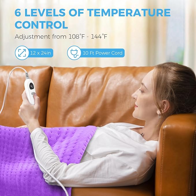 NOWWISH Heating Pad for Back, Period Cramps, Neck, Shoulder, Knee, 12x24 Inches Electric Throw with 6 Heat Settings, Timer and Auto Shut Off, Machine Washable, Birthday Gifts for Women, Purple