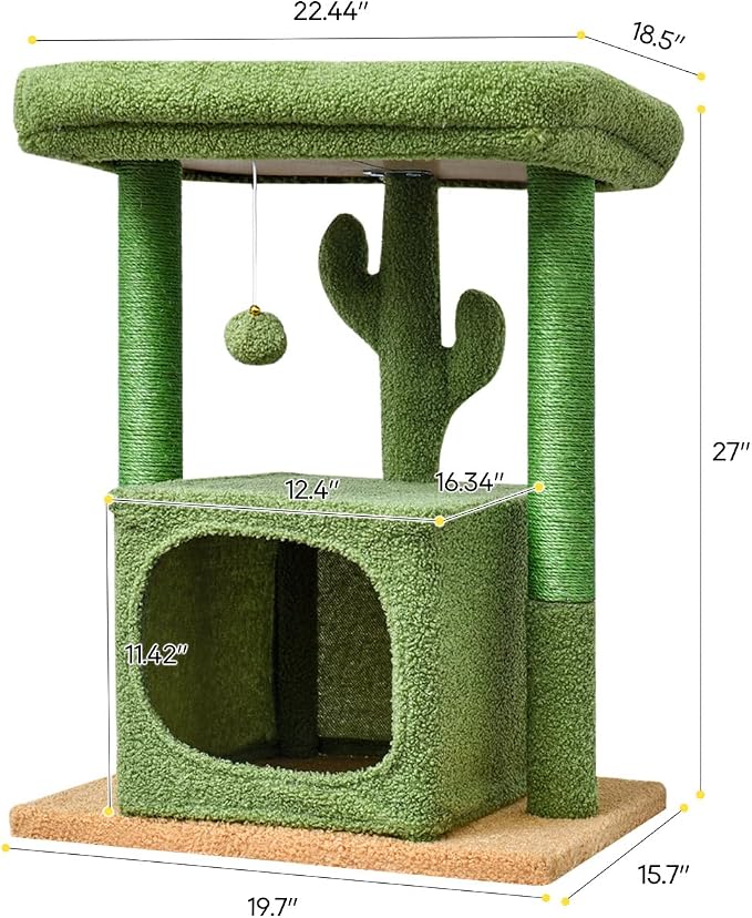 SYANDLVY 27" Cactus Cat Tree for Indoor Cats, Green Modern Activity Tower | Scratching Posts, Kitten Condo with Plush Perch & Hanging Ball for Play
