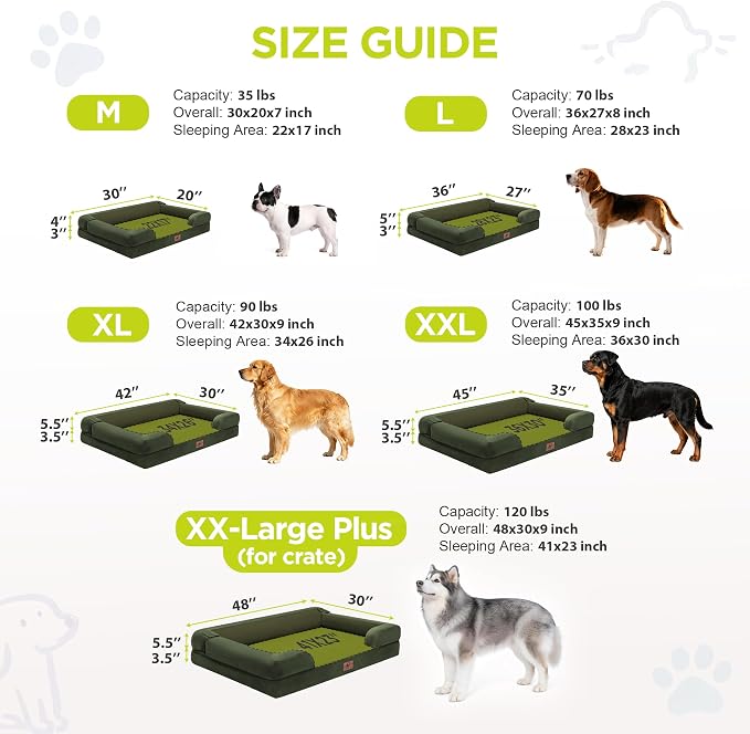 Waterproof Orthopedic Dog Bed for Extra Large Sized Dogs | Memory Foam Pet Bed Sofa with Bolster, Dog Couch with Washable Cover & Non-Slip Bottom, 48x30 Inch, Oliva Green