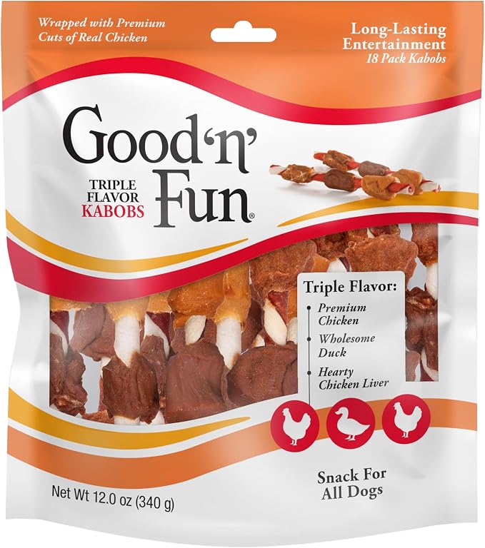 Good 'n' Fun Kabobs Long-Lasting Dog Treat Made With Real Protein, 18 Count | Premium Chicken, Pork and Beef Hide Chew, Supports Dental Health and Mental Stimulation, For Adult Dogs