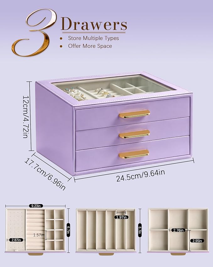 Homeanda Jewelry Boxes Organizer with Glass Lid, 3-Layer PU Leather, Purple | Modern style display case with 3 drawers for daily jewelry, women, mom or girl gift