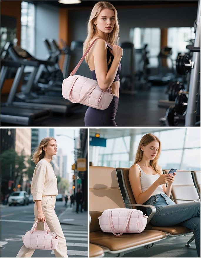 Noozion 12 Inch Mini Gym Bag for Women, Lightweight Quilted Crossbody Duffle Bag with Wet Pocket, Dual Side Pockets, Adjustable Strap, Small Workout Bag for Yoga, Pilates, Swimming & Daily Use