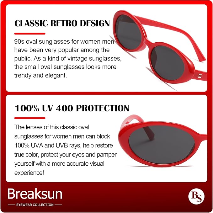 Breaksun Retro Oval Sunglasses for Women Men Fashion Small Oval Sunglasses 90s Vintage Shades