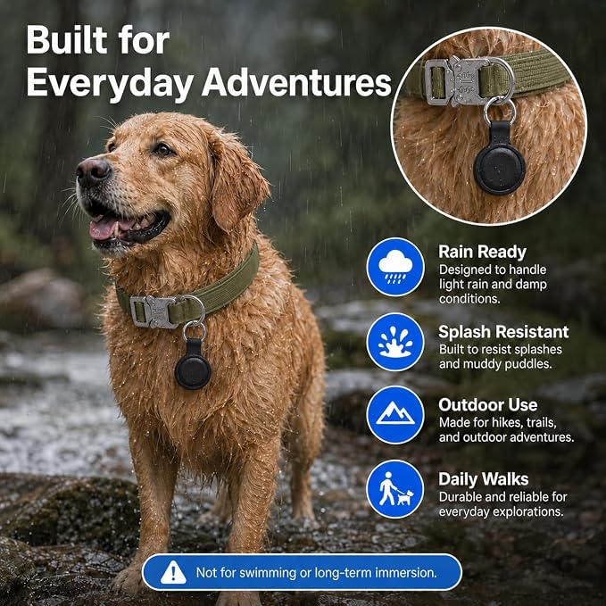 Pet GPS Tracker for Dogs, Compatible with Apple Find My(iOS Only), No Monthly Fee, IP67 Waterproof Anti-Lost Locator, 12-Month Battery, Includes Silicone Collar Holder & Tactical Dog Collar