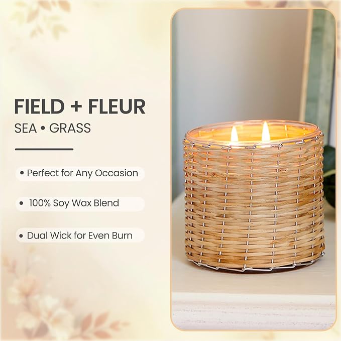 Sea Grass Scented Candle – Luxury 12oz Soy Wax, 2-Wick Handwoven Glass Jar, scents of Blackcurrant, Jasmine and Sandalwood - Santal Candle, 75+ Hour Clean Burn, USA Made